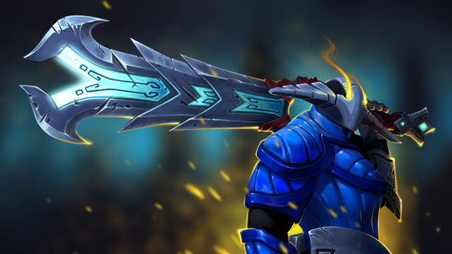 Blue Armored Knight with Giant Glowing Sword Desktop Wallpaper