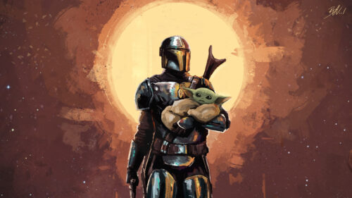 The Mandalorian and Grogu Painted Style Desktop Wallpaper