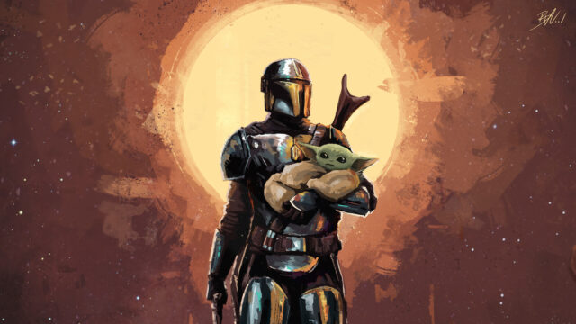 The Mandalorian and Grogu Painted Style Desktop Wallpaper