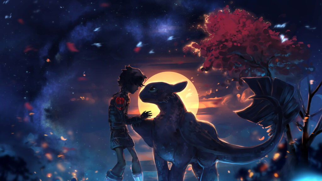 Fantasy Silhouette Boy and Dragon Under Sunset Desktop Wallpaper