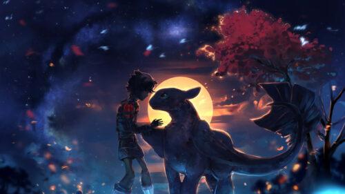 Fantasy Silhouette Boy and Dragon Under Sunset Desktop Wallpaper