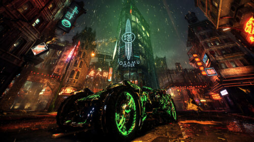Neon Batmobile in Rainy Cyberpunk City 4K Desktop Wallpaper