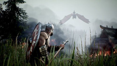 Viking Warrior Facing a Dragon in a Burning Village Desktop Wallpaper