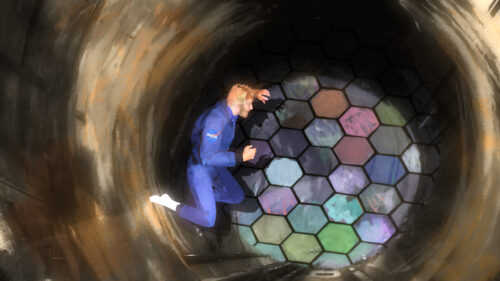 Astronaut in Tunnel with Hexagonal Light Desktop Wallpaper