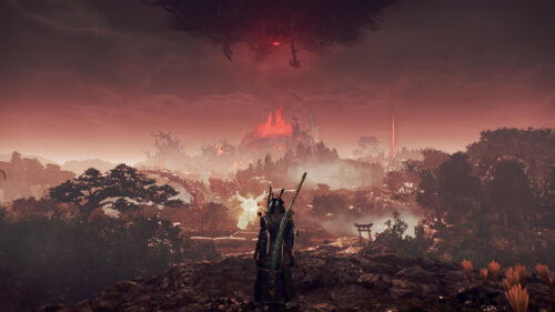 Samurai Facing a Dark Cataclysmic Landscape Desktop Wallpaper