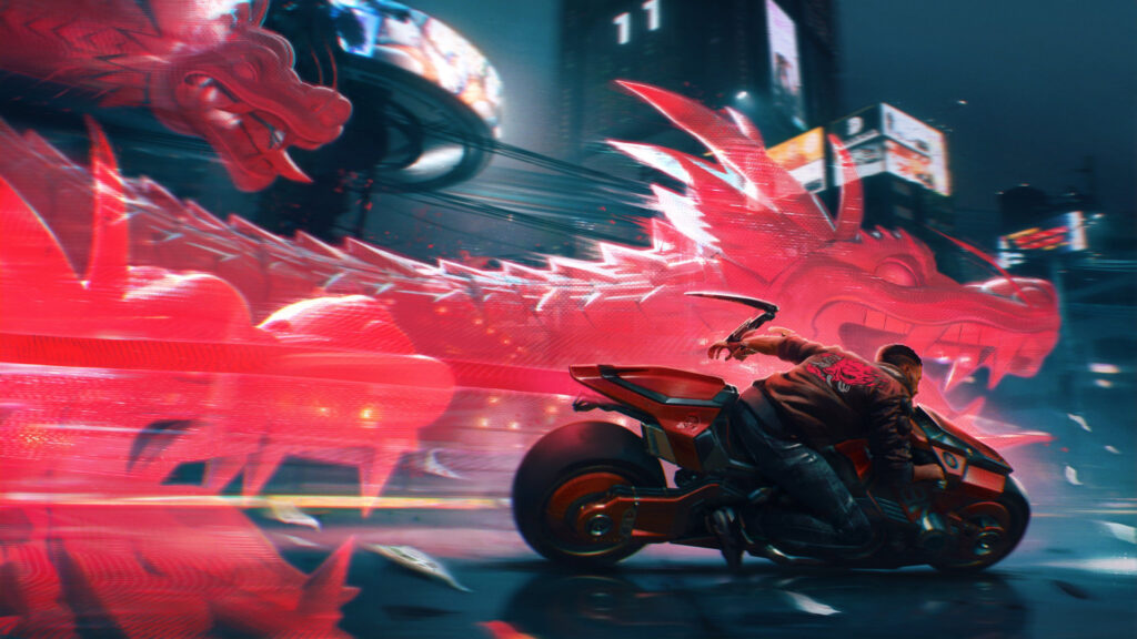 Cyberpunk Biker and Holographic Dragon Desktop Wallpaper
