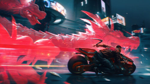 Cyberpunk Biker and Holographic Dragon Desktop Wallpaper