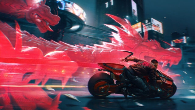 Cyberpunk Biker and Holographic Dragon Desktop Wallpaper