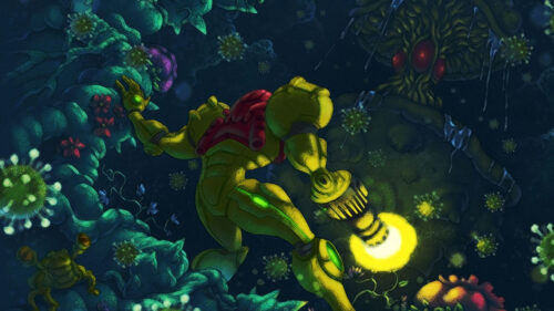 Samus Aran Exploring an Alien Cavern Desktop Wallpaper