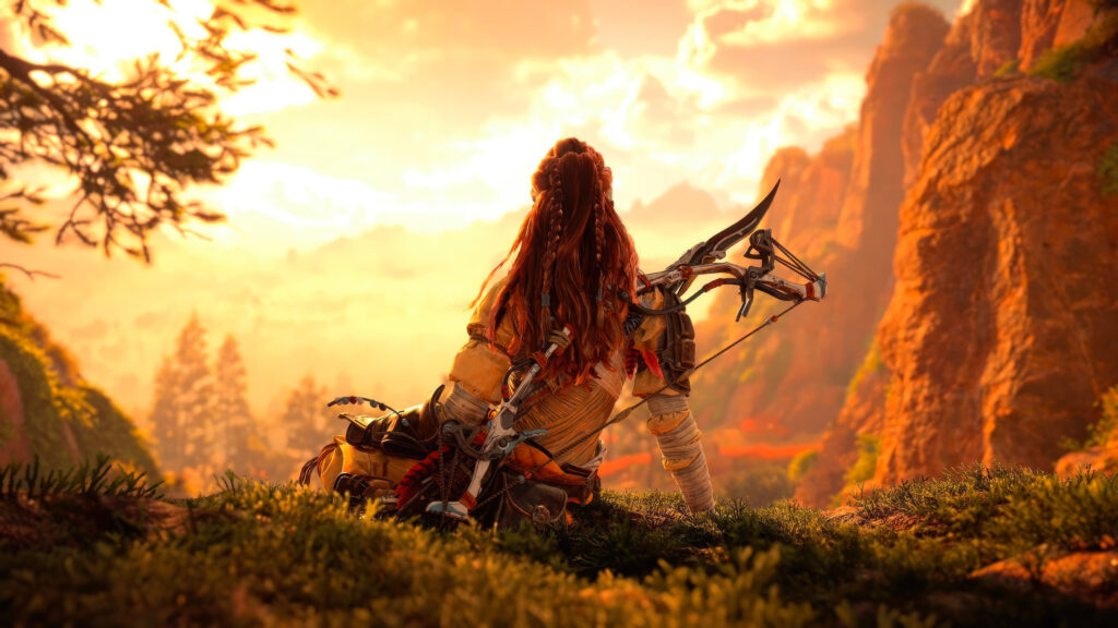 Aloy Looking at the Sunset Horizon 4K Desktop Wallpaper