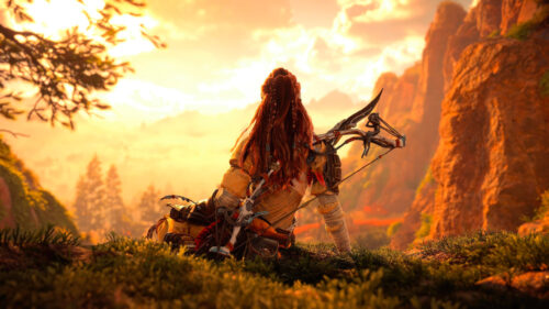 Aloy Looking at the Sunset Horizon 4K Desktop Wallpaper