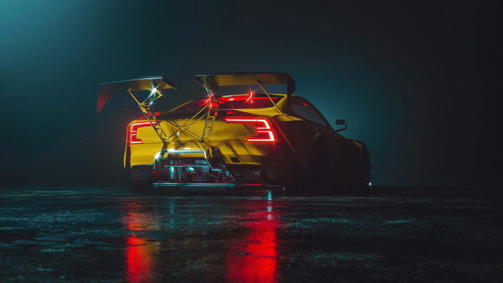 Cyberpunk Yellow Sports Car Rear View Desktop Wallpaper