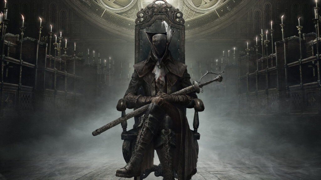 Dark Fantasy Hunter Sitting on Throne 4K Wallpaper