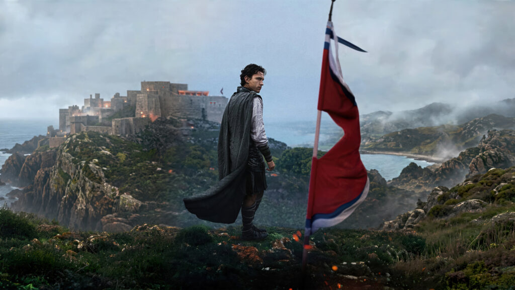 A Lone Warrior Overlooking a Coastal Fortress Desktop Wallpaper