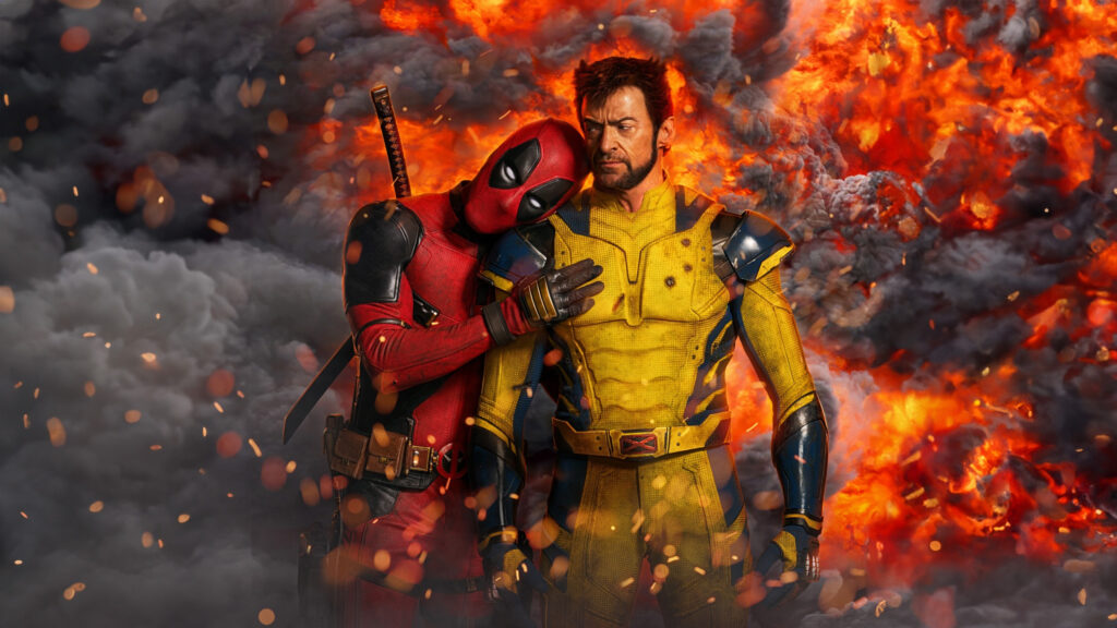Deadpool and Wolverine Cinematic Explosion Desktop Wallpaper