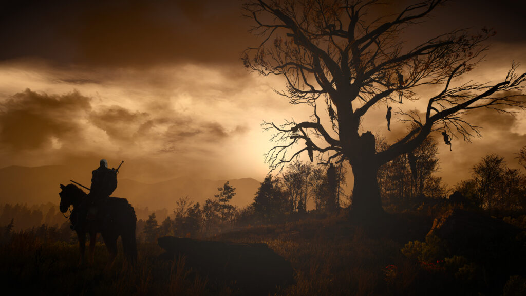 Geralt of Rivia on Horseback by Hanging Tree Desktop Wallpaper