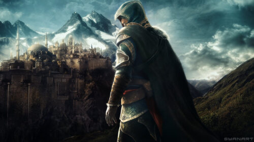 Ezio Auditore Overlooking Masyaf Fortress 4K Wallpaper