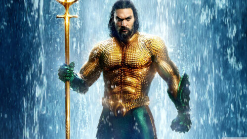 Aquaman Heroic Trident Pose Desktop Wallpaper