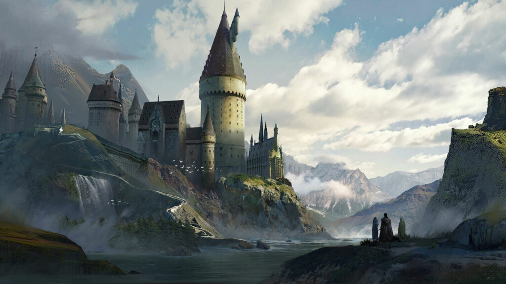 Fantasy Castle Overlooking a Mountain Valley Desktop Wallpaper