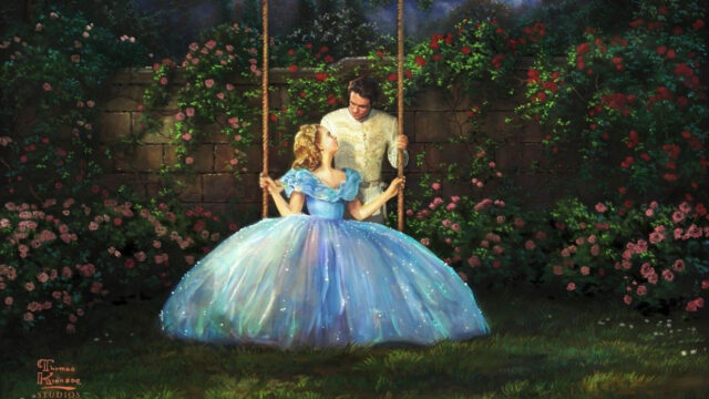 Cinderella and Prince Charming Romantic Garden Desktop Wallpaper