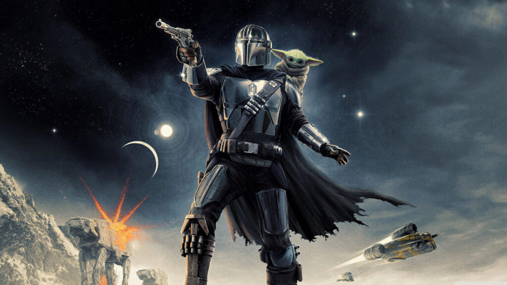 The Mandalorian and Grogu in Battle Desktop Wallpaper