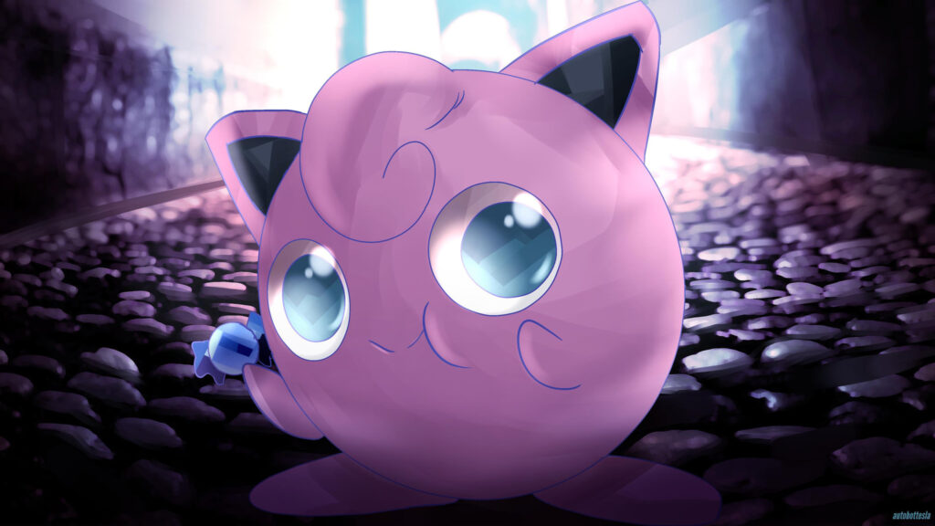 Jigglypuff With A Candy In A Cobblestone Street Desktop Wallpaper