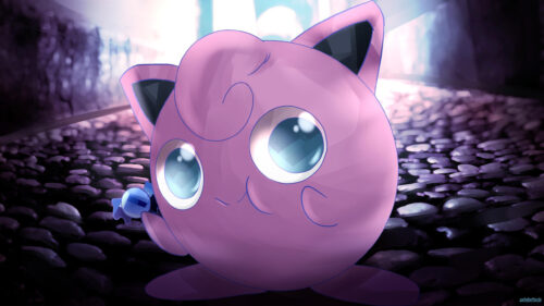 Jigglypuff With A Candy In A Cobblestone Street Desktop Wallpaper