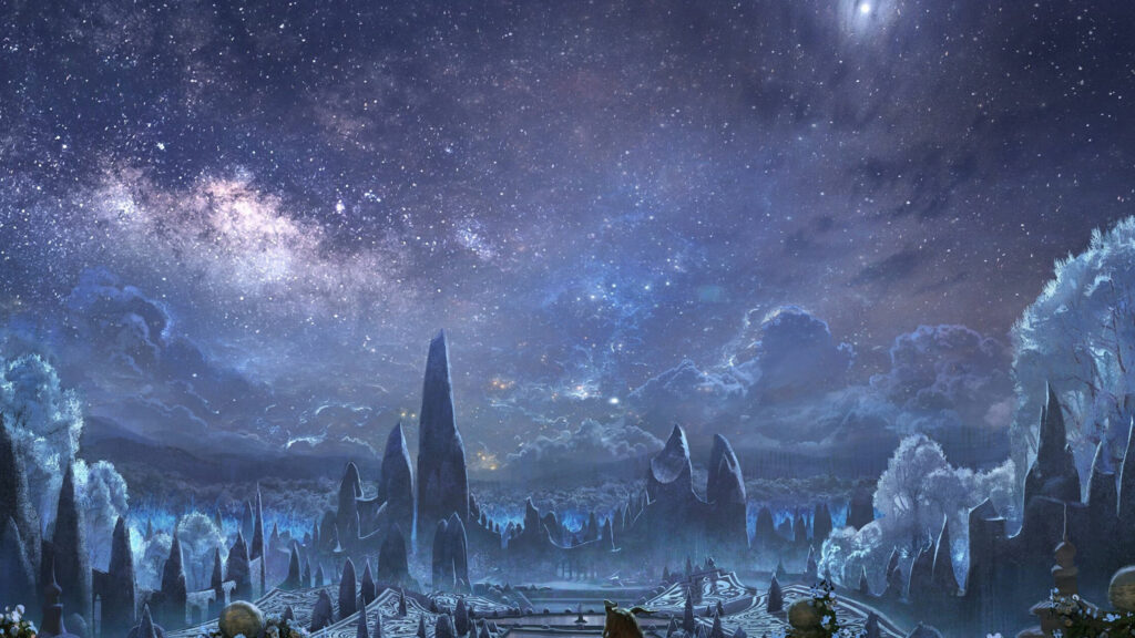 Enchanted Crystal Forest under Starry Sky Desktop Wallpaper