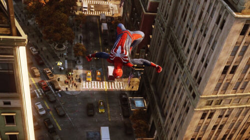 Spider-Man Mid-Air Action City 4K Desktop Wallpaper