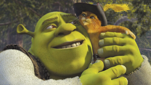 Shrek and Puss in Boots Hugging Desktop Wallpaper