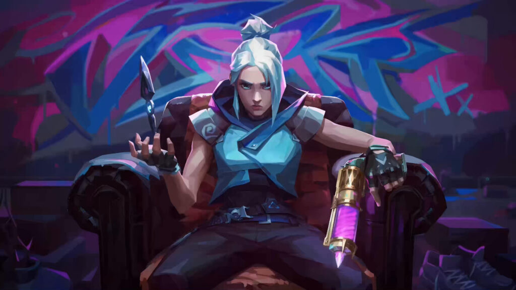 Jett from Valorant Sitting on a Chair 4K Desktop Wallpaper