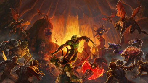 Doom Eternal Fierce Battle Scene Desktop Wallpaper