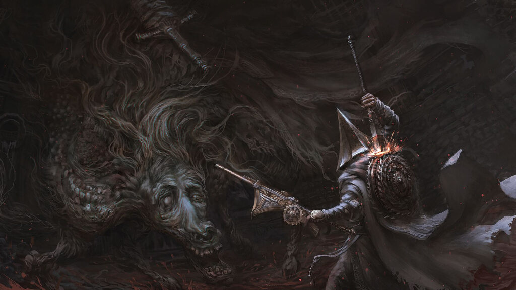 Dark Fantasy Knight Battling Shadow Beast 4K Desktop Wallpaper