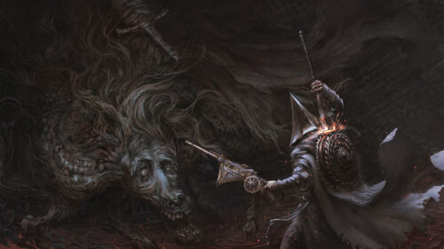 Dark Fantasy Knight Battling Shadow Beast 4K Desktop Wallpaper