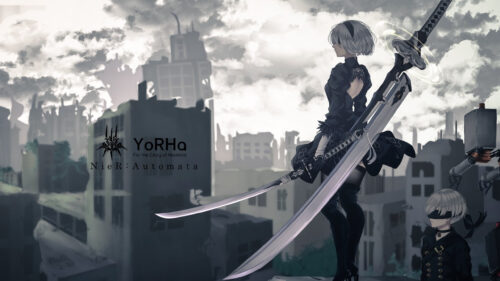 2B and 9S Post Apocalyptic Desktop Wallpaper
