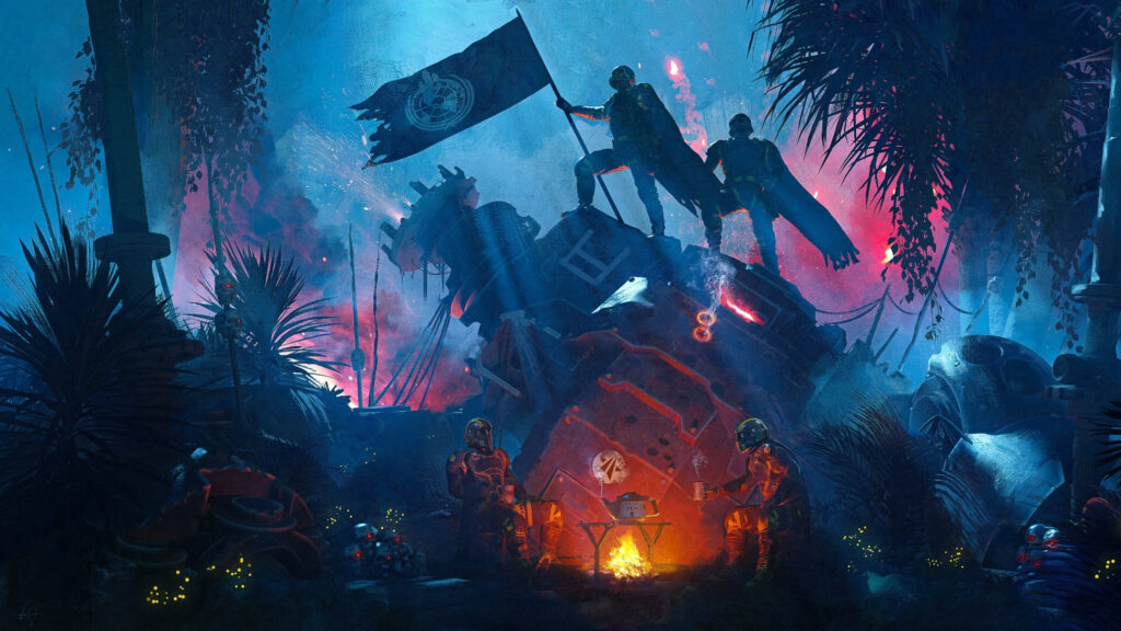 Helldivers 2 Sci-Fi Battlefield Soldiers Desktop Wallpaper