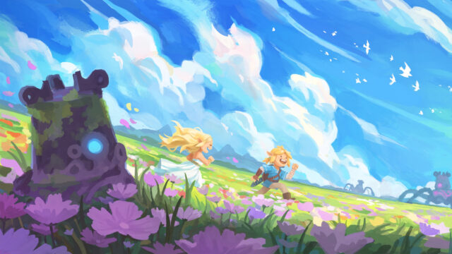 Link and Zelda Running Through Flower Field Desktop Wallpaper
