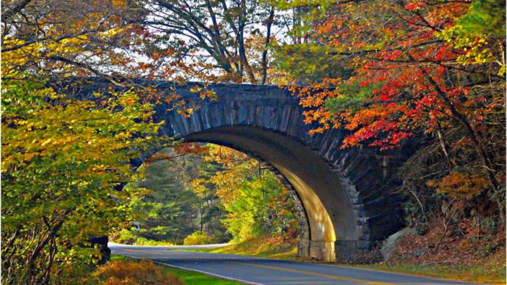 Autumn Stone Bridge Over Scenic Road Desktop Wallpaper