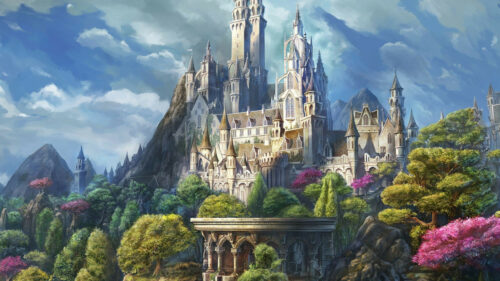 Fantasy Castle Architecture and Lush Landscape Desktop Wallpaper