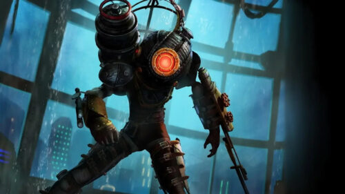 Eerie Retro-Futuristic Diver Character Desktop Wallpaper