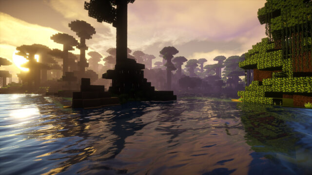 Breathtaking Sunset Over a Minecraft Jungle Landscape Desktop Wallpaper