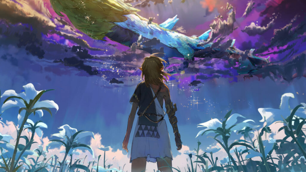 Link Gazing at the Light Dragon in Hyrule Field Desktop Wallpaper