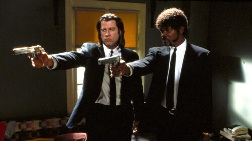 Vincent Vega and Jules Winnfield Standing Together Desktop Wallpaper