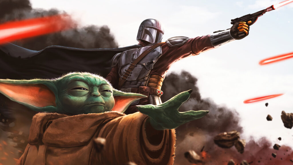 The Mandalorian and Grogu Combat Desktop Wallpaper