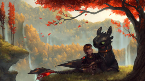 Hiccup and Toothless Relaxing Under Autumn Tree Desktop Wallpaper