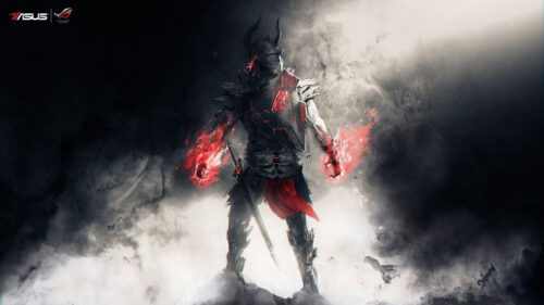 Dark Fantasy Knight with Red Glowing Flames Desktop Wallpaper