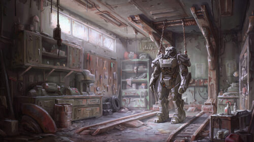 Post-Apocalyptic Power Armor Workshop Desktop Wallpaper