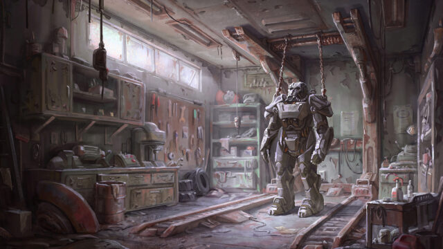 Post-Apocalyptic Power Armor Workshop Desktop Wallpaper