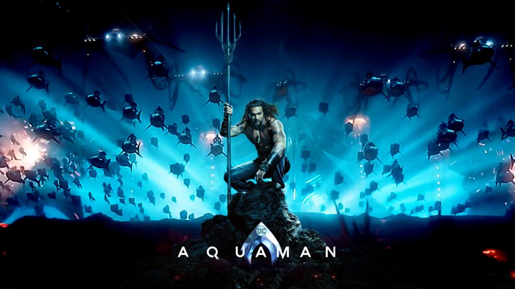 Aquaman Jason Momoa Trident Pose 4K Wallpaper
