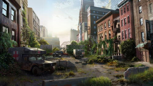 Post-Apocalyptic Abandoned City Street Scene Desktop Wallpaper